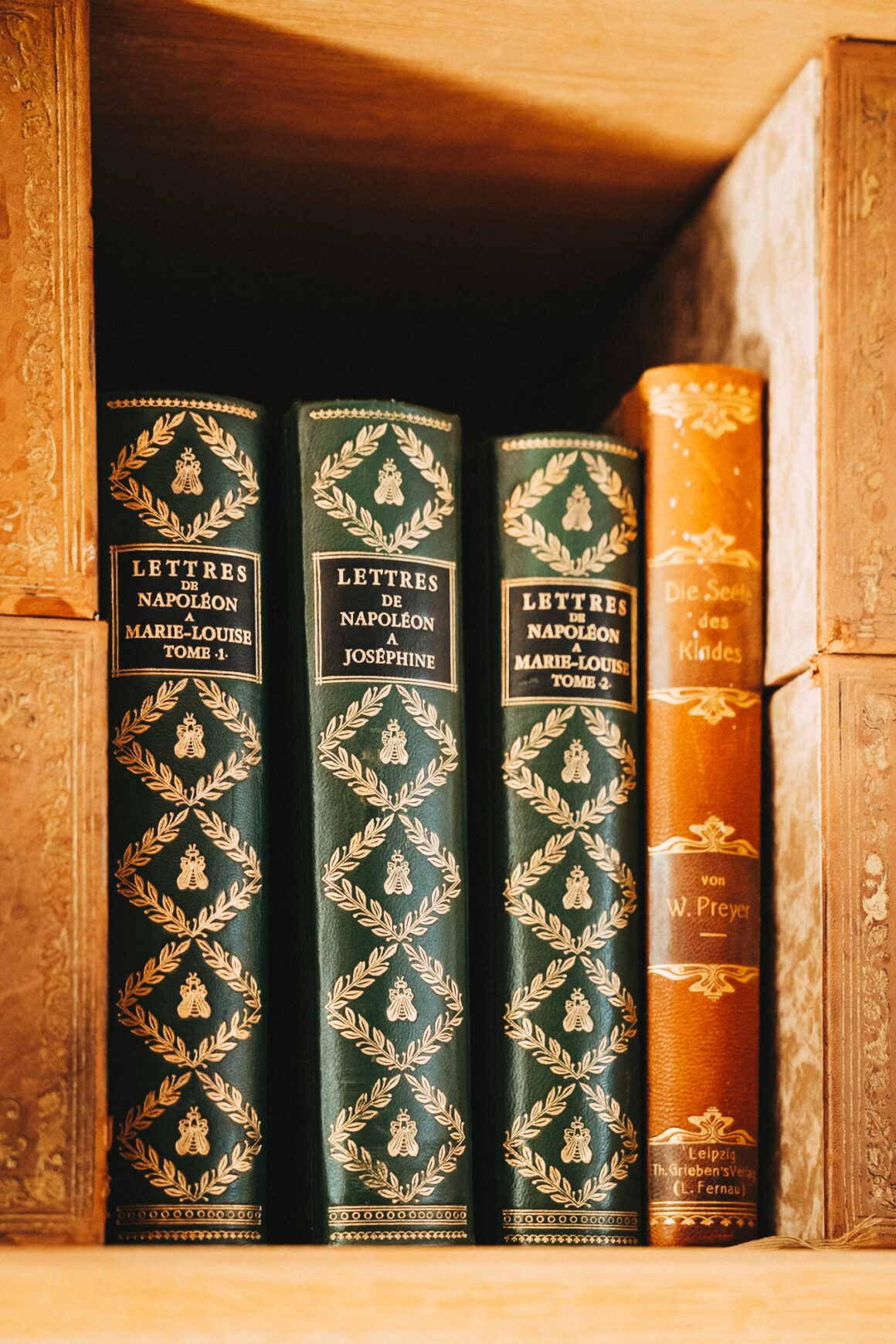 Livres anciens consacrés à Napoléon dans les intérieurs du Château Larteau, près de Bordeaux.