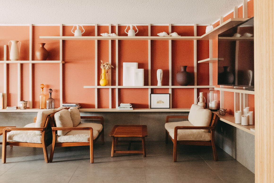 Salon de l’Hôtel L’Acquale à Calvi avec bibliothèque terracotta, objets décoratifs et mobilier en bois.